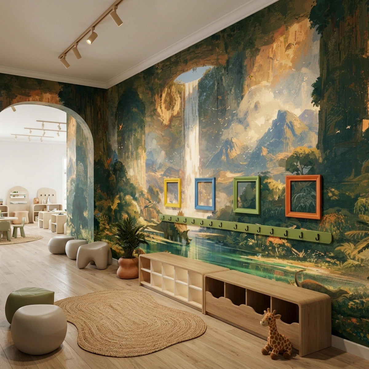 A brightly lit playroom features a large dinosaur and waterfall mural on one wall, colorful picture frames, low wooden cubbies, and a giraffe toy.