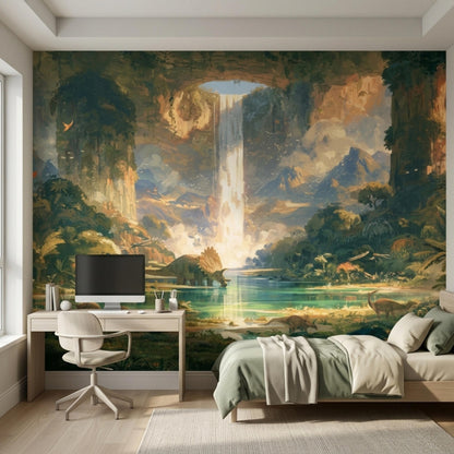 A computer desk with a monitor sits next to a bed against a wall mural of a misty jungle with dinosaurs and a waterfall.