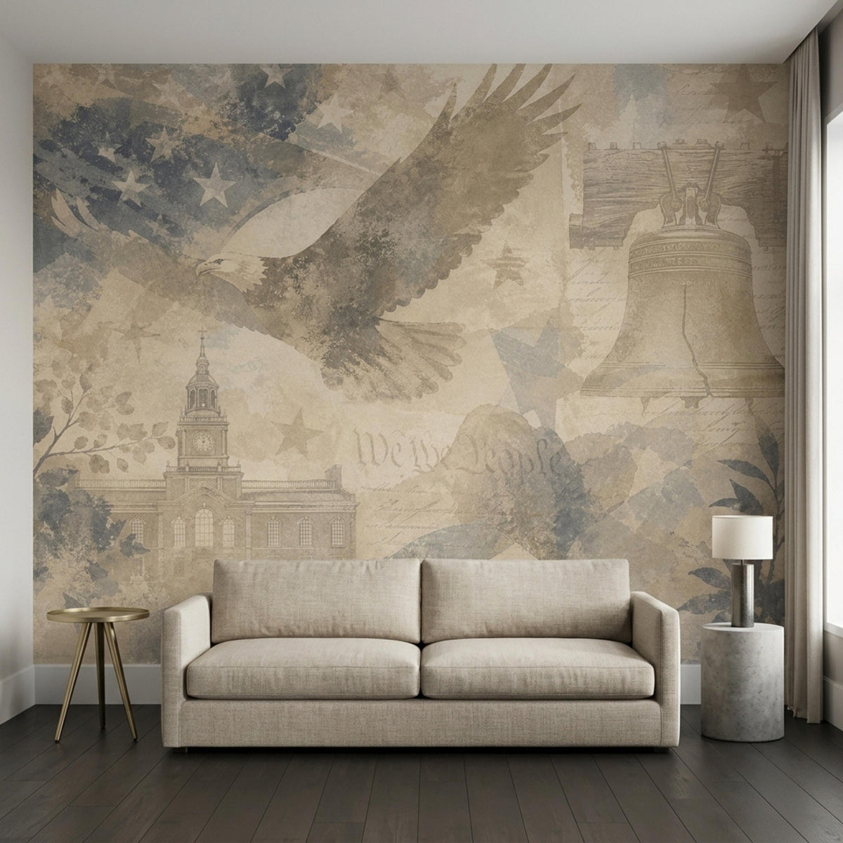 A distressed patriotic wall mural features a flying eagle, the Liberty Bell, and Independence Hall behind a neutral sofa.