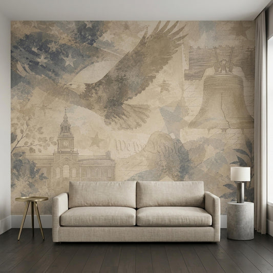 A distressed patriotic wall mural features a flying eagle, the Liberty Bell, and Independence Hall behind a neutral sofa.