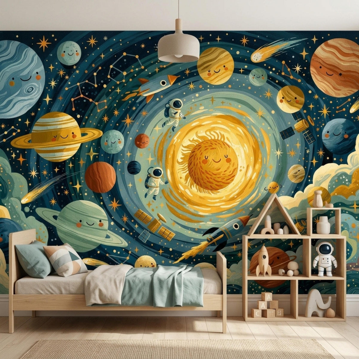 A child bedroom view with a whimsical outer space wall mural, a wooden bed with blue and yellow bedding, and a multi-tiered wooden shelving unit holding toys.
