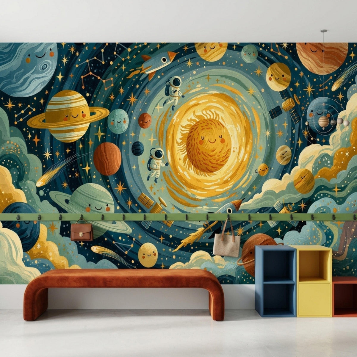A space-themed playroom featuring a whimsical solar system wall mural, a low velvet bench seat, two bags hanging on the wall, and multi-colored storage cubes.