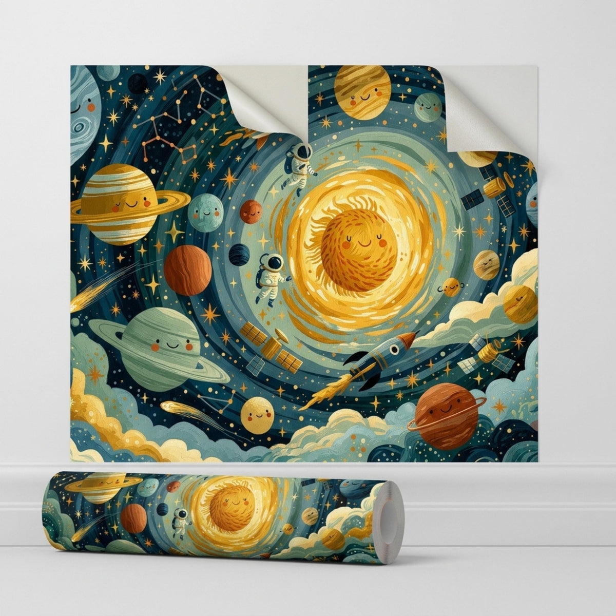 A rolled-up sheet of peel and stick wallpaper showing a whimsical hand-drawn solar system design with planets, astronauts, and rockets against a deep blue background.