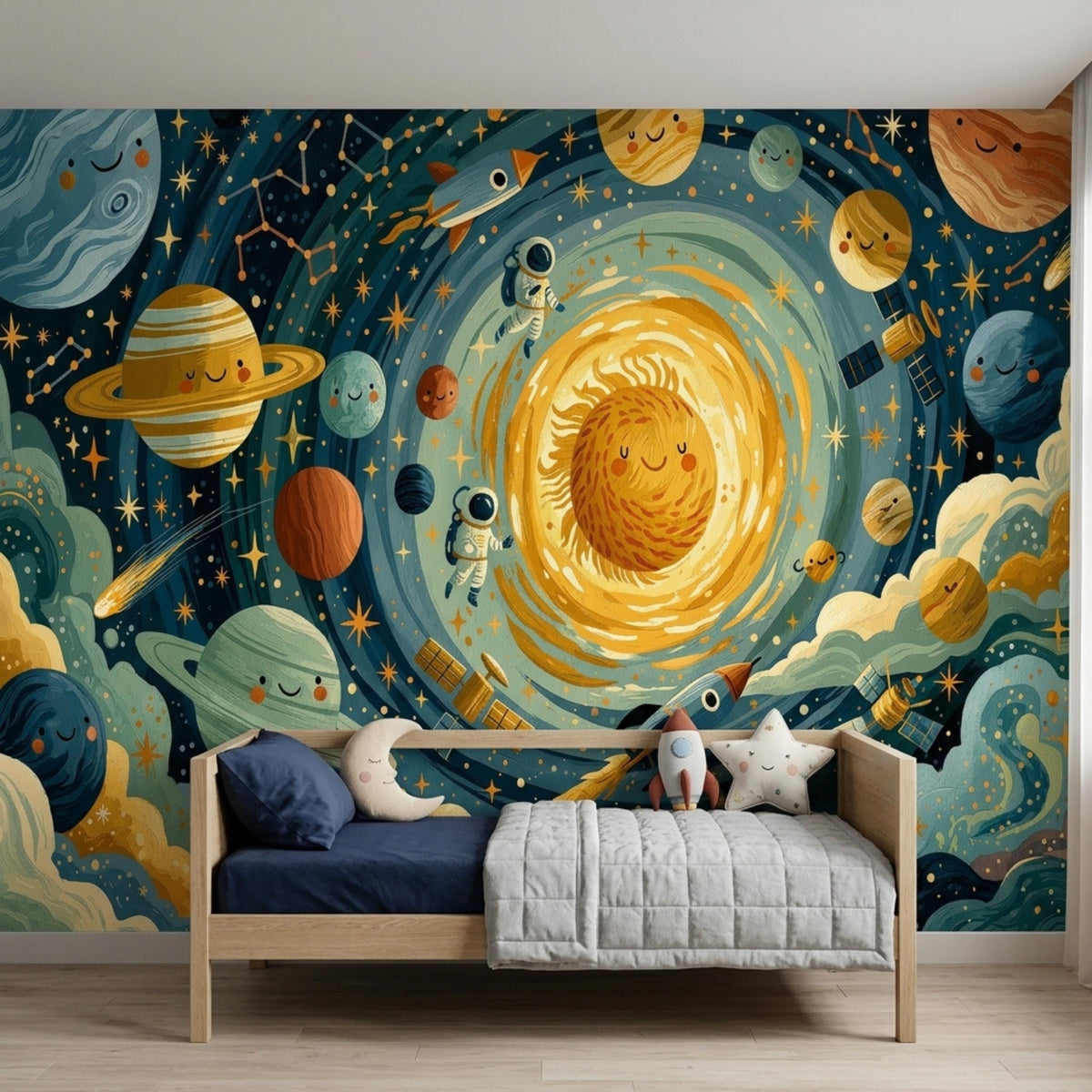 A child bed with blue pillows and a grey quilted blanket positioned in front of a whimsical solar system wall mural featuring planets and astronauts.