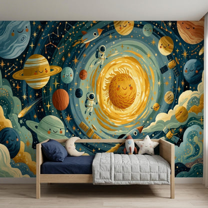 A child bed with blue pillows and a grey quilted blanket positioned in front of a whimsical solar system wall mural featuring planets and astronauts.