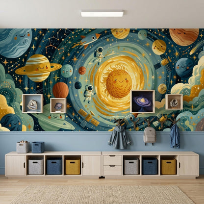 A playroom setup with a whimsical solar system wall mural above low wooden storage cubbies, wall-mounted display boxes, and hanging backpacks.
