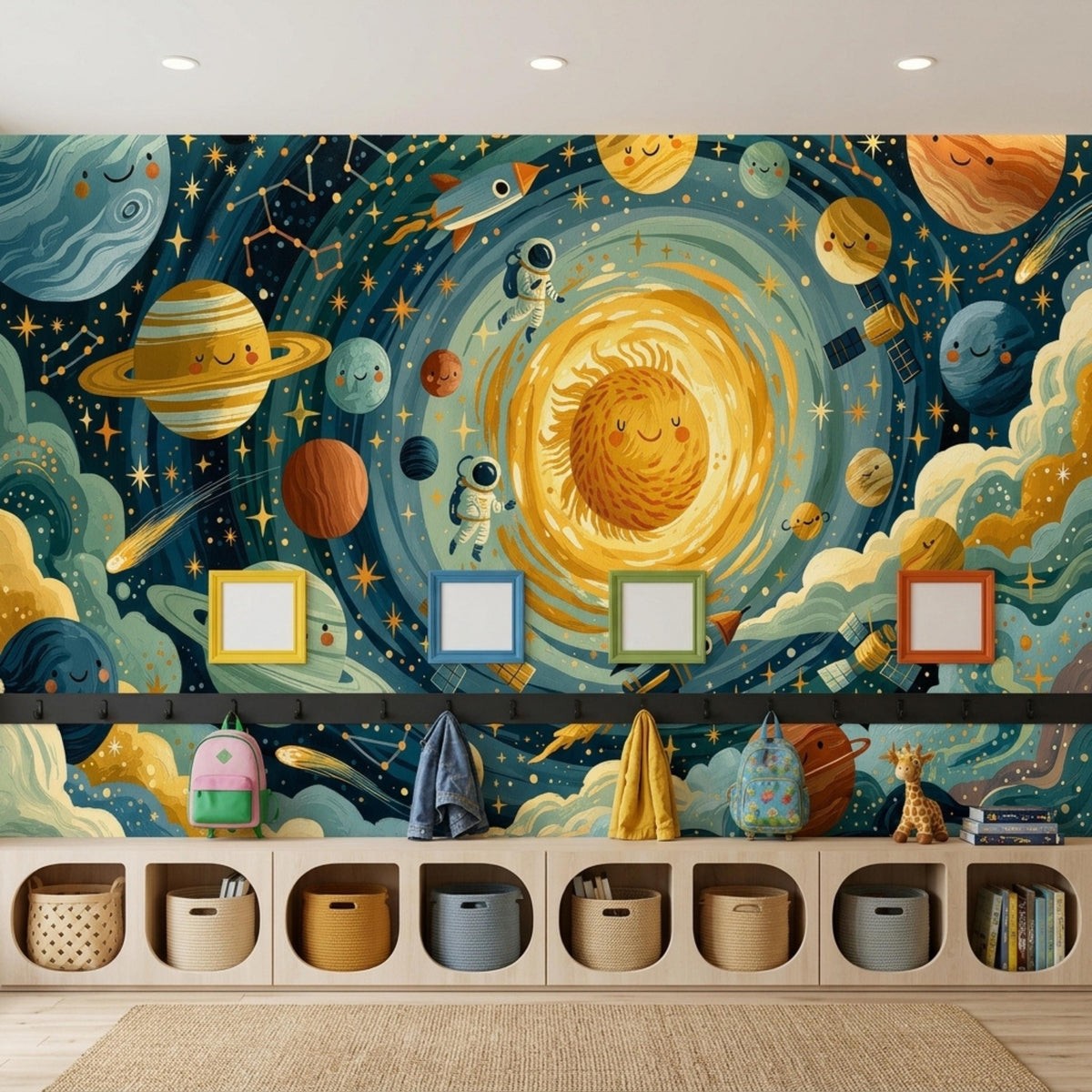 A kids room wall displays the outer space solar system mural above a row of cubby storage units and hanging backpacks.