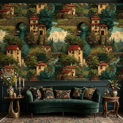A green velvet sofa sits in front of a vintage Italian village tapestry wallpaper with a dark green wainscoting below.