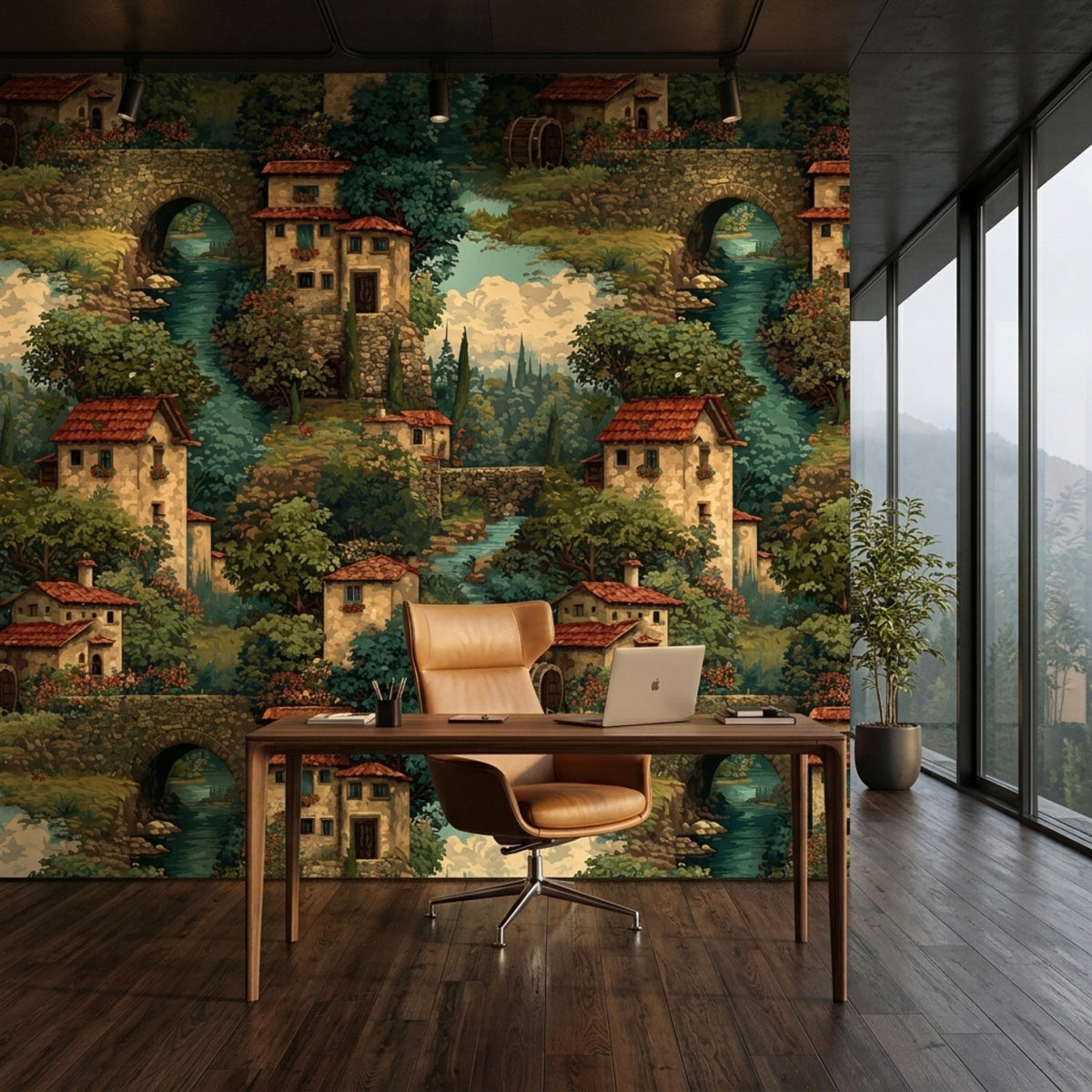 A modern desk and chair are set against an accent wall with a vintage Italian village tapestry pattern next to floor-to-ceiling windows.