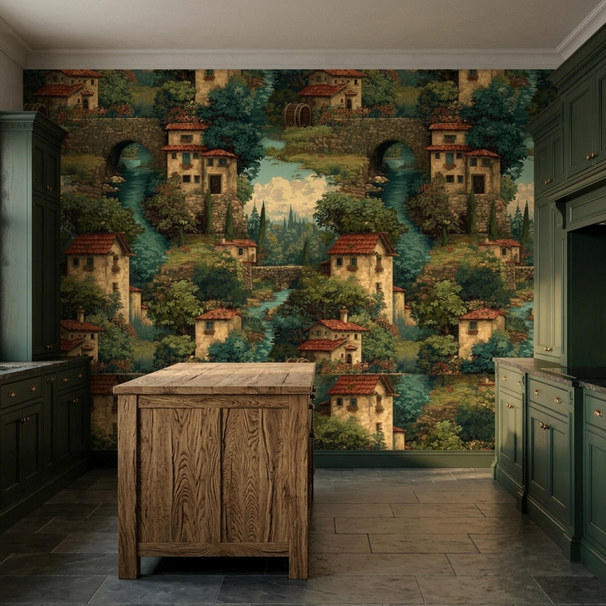 A wooden kitchen island stands in the center of a kitchen with dark green cabinetry and an Italian village tapestry wallpaper accent wall.
