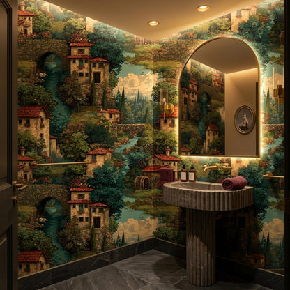 A powder room features a fluted stone pedestal sink beneath an arched mirror, set against walls covered in vintage Italian village wallpaper.