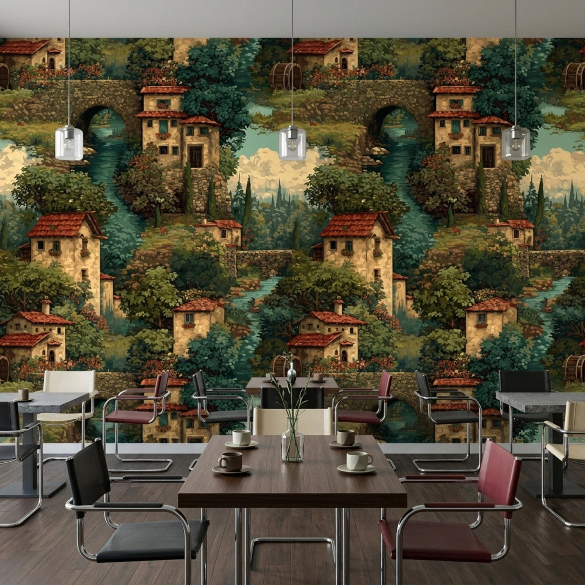 Several dining tables and chairs are arranged in a room featuring an Italian village tapestry wallpaper accent wall and hanging pendant lights.