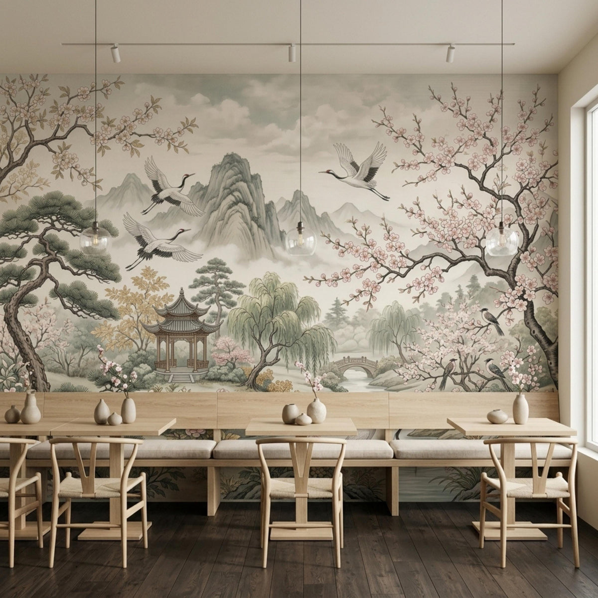 A cafe interior with wooden booths and tables set in front of a large mural of a misty mountain scene with flying cranes and cherry trees.