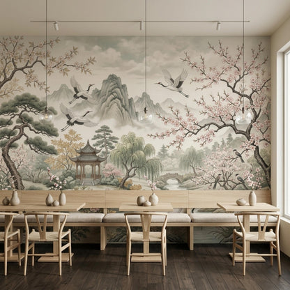 A cafe interior with wooden booths and tables set in front of a large mural of a misty mountain scene with flying cranes and cherry trees.