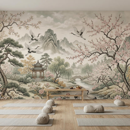 A yoga studio with hardwood floors and gray mats arranged in front of a large wall mural of a traditional Japanese river landscape.