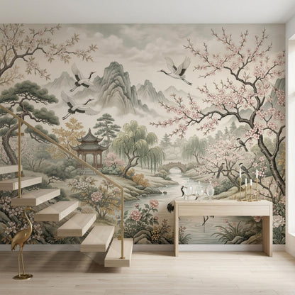 A wooden staircase with a golden handrail and a crane statue, positioned next to a console table and a mural of a misty mountain valley.