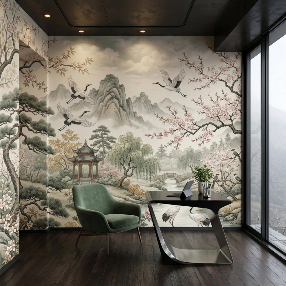 A home office with a dark modern desk, a green armchair, and floor-to-ceiling windows, decorated with a vintage Japanese mountain and crane wall mural.