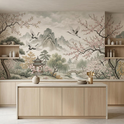 A kitchen features a wall mural of a misty mountain and cherry blossom landscape behind a wooden kitchen island and cabinets.