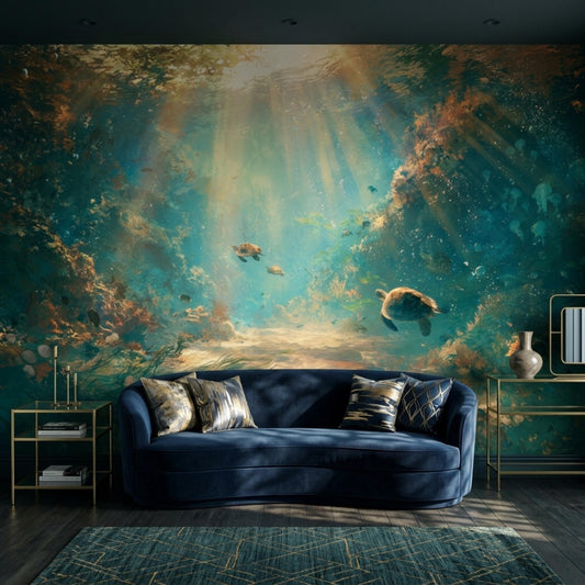 A living room features an underwater sea turtle wallpaper mural behind a dark blue velvet sofa, side tables, and a dark rug.