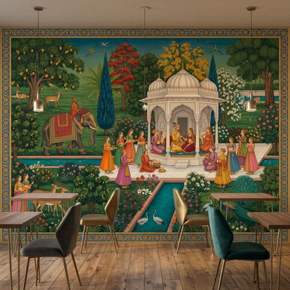 A detailed Indian Mughal miniature art wall mural features a royal palace scene with figures, an elephant, and lush trees, displayed in a room with wooden floors and dining tables.