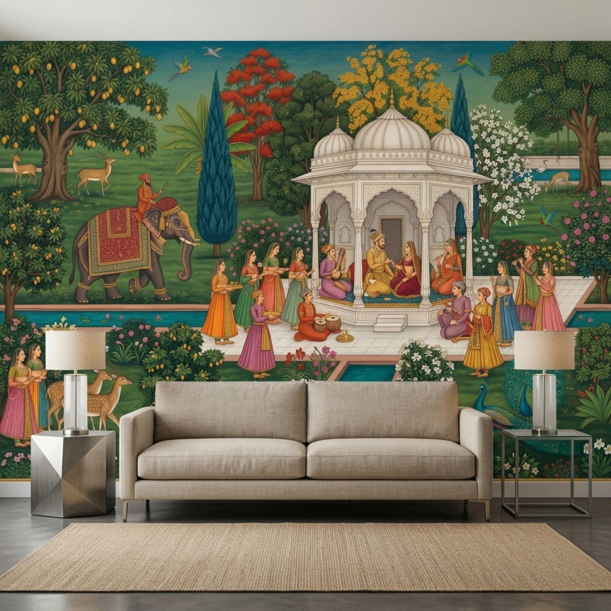 An Indian Mughal miniature art wall mural serves as a backdrop for a beige couch, a metal side table with a lamp, and a woven rug on a wooden floor.