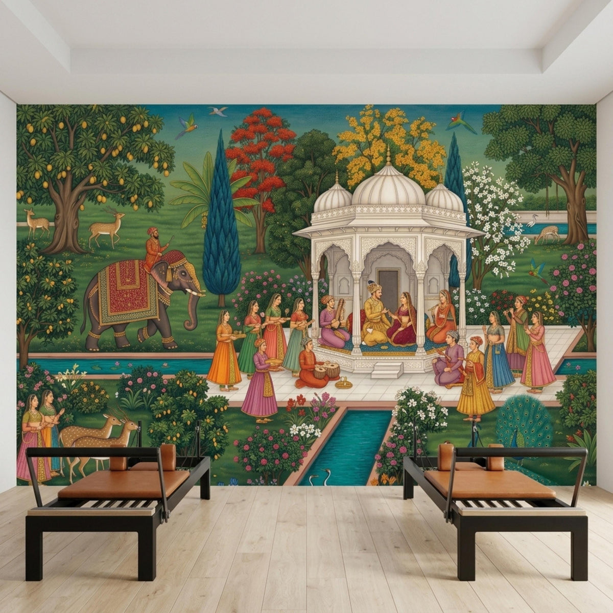 An Indian Mughal miniature art wall mural is installed behind two black reformer fitness machines in a room with a hardwood floor.