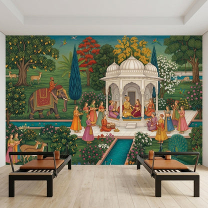 An Indian Mughal miniature art wall mural is installed behind two black reformer fitness machines in a room with a hardwood floor.