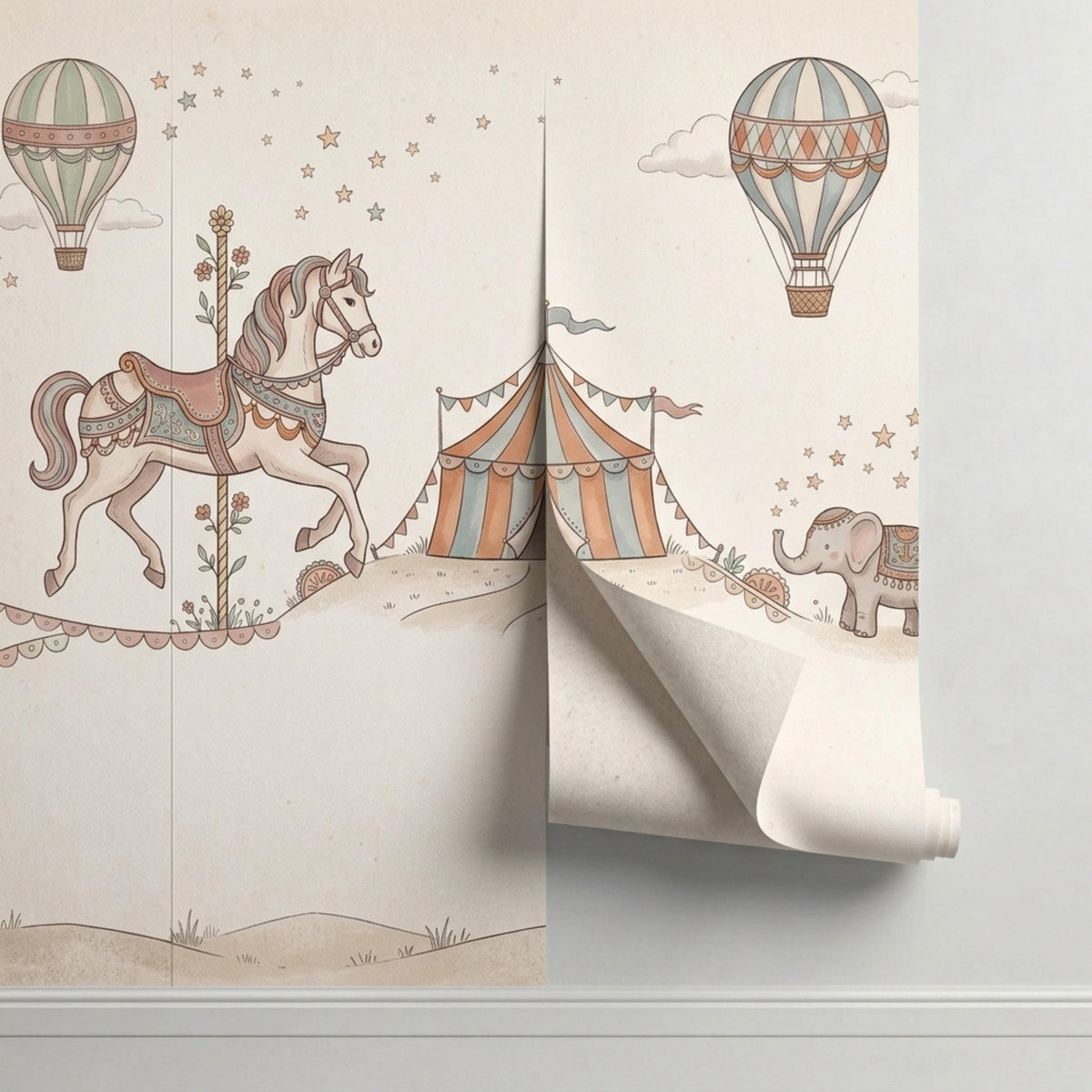 A roll of peel and stick vintage circus wallpaper is partially unrolled against a wall, showcasing the carousel and tent design.