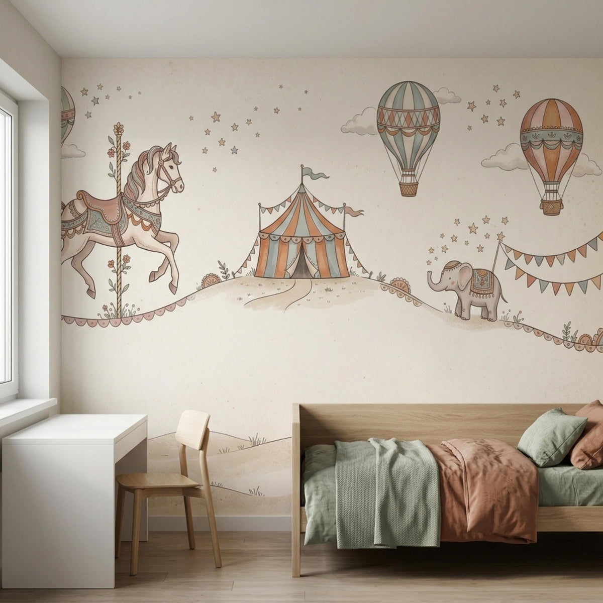A toddler bed with a green and terracotta duvet sits against a wall covered in a vintage circus mural.