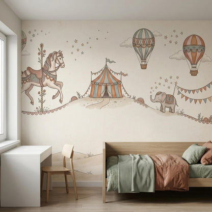 A toddler bed with a green and terracotta duvet sits against a wall covered in a vintage circus mural.