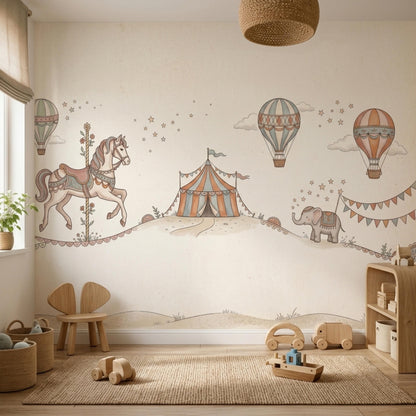 A wooden toy chest, toy cars, and a rocking horse sit on a woven rug in a nursery with a vintage circus mural.