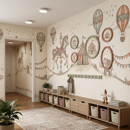 A hallway and entryway feature a vintage circus mural on the walls, a wooden storage bench with bins, and framed circular artwork.