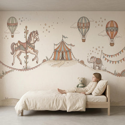 A child in pajamas lies on a wooden bed next to a stuffed bear, facing a vintage circus nursery wall mural.