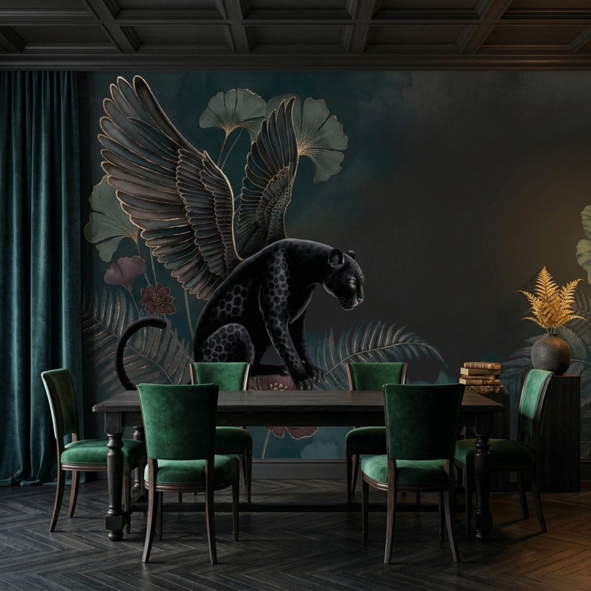 A dining room showcases a mural of a winged black panther on a dark teal botanical wall above a dark wood table and green velvet chairs.