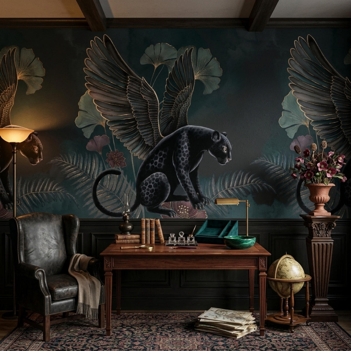 A home office displays a dark wood desk and leather chair against a wall mural of a mythical winged panther amid botanical prints and ginkgo leaves.
