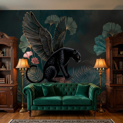 A living room features a green velvet tufted sofa positioned in front of a dark botanical mural depicting a winged black panther and flowers.