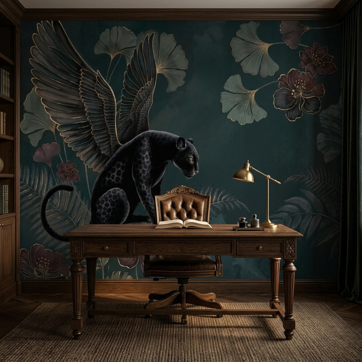 A classic study features a wooden desk and leather office chair against a botanical wall mural of a black panther with large feathered wings.