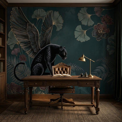 A classic study features a wooden desk and leather office chair against a botanical wall mural of a black panther with large feathered wings.