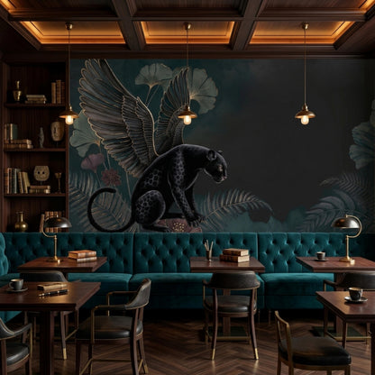 A restaurant dining area displays tufted teal banquettes and small tables in front of a dramatic accent wall mural of a winged black panther.