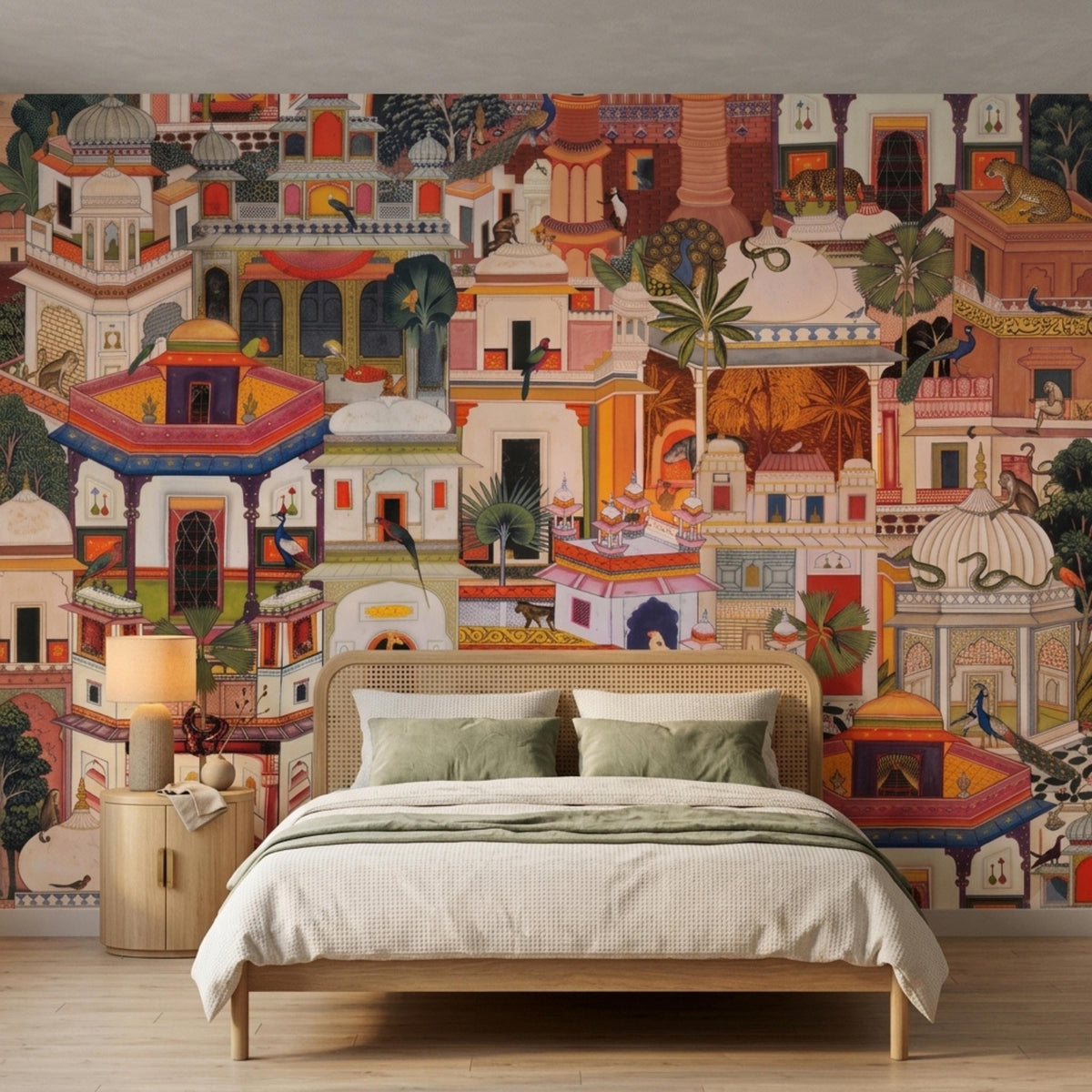 A bedroom featuring a wooden bed with beige bedding, a round wooden nightstand with a lamp, set against an intricate Indian palace art wallpaper.