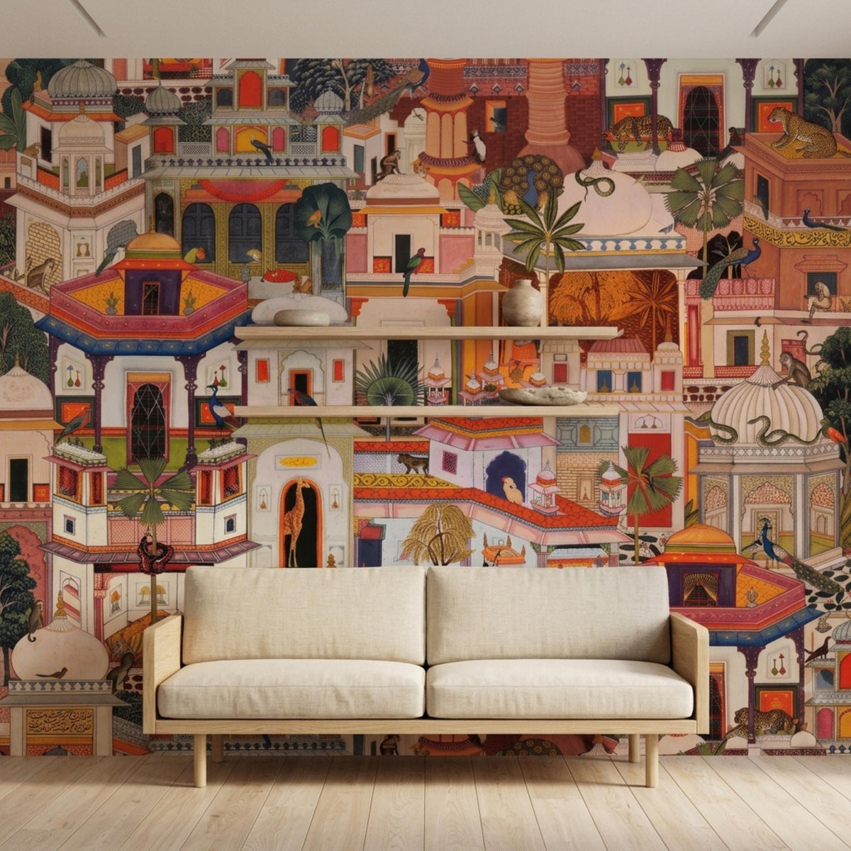A beige upholstered sofa centered against a large wall mural of traditional Indian architecture and exotic wildlife, with two empty wooden shelves on the wall.