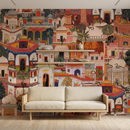 A beige upholstered sofa centered against a large wall mural of traditional Indian architecture and exotic wildlife, with two empty wooden shelves on the wall.