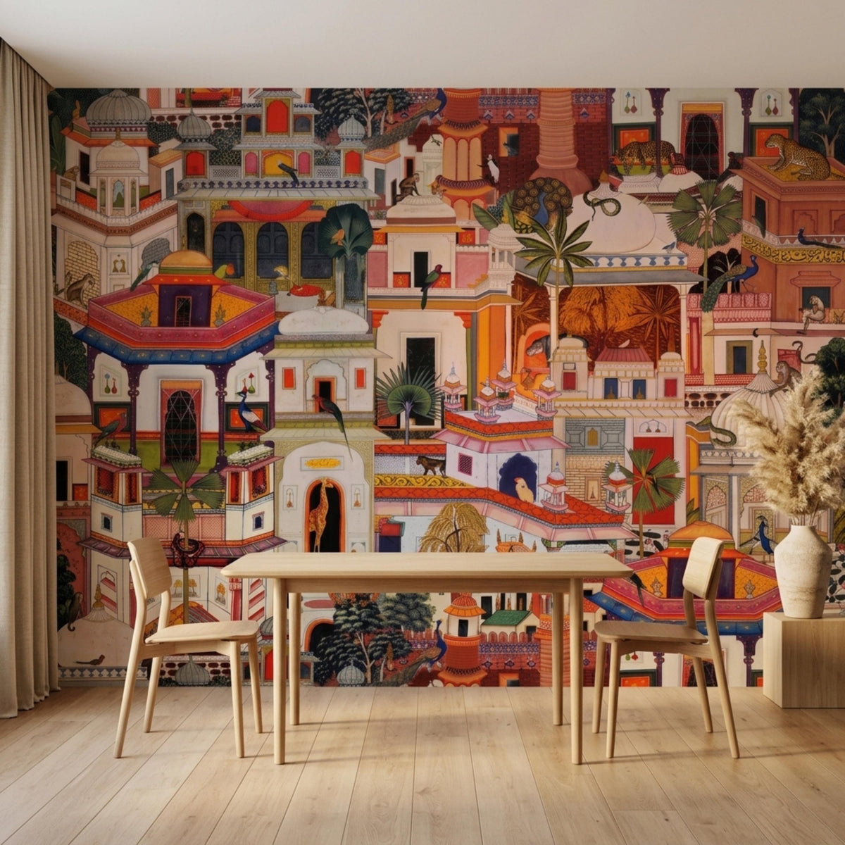 A minimalist dining setup with a wooden table, two chairs, and a decorative vase, positioned before a large-scale traditional Indian palace wall mural.