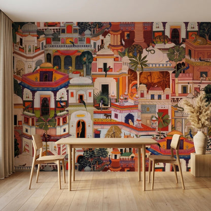 A minimalist dining setup with a wooden table, two chairs, and a decorative vase, positioned before a large-scale traditional Indian palace wall mural.