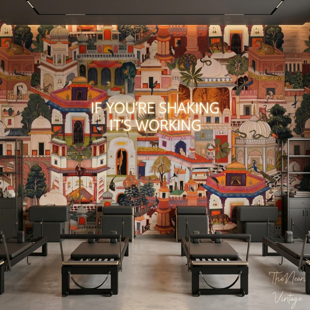 A gym or studio interior with black workout benches and neon signage, backed by a large multi-colored Indian miniature palace mural.