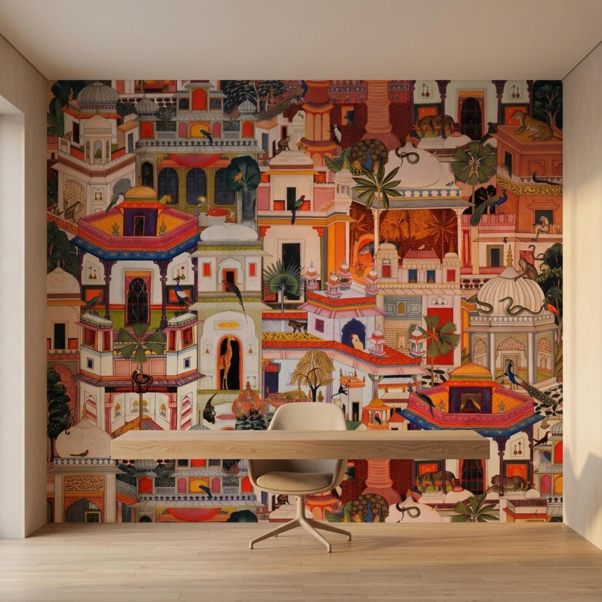 A wooden desk and office chair placed on a hardwood floor in front of a large-scale decorative mural showcasing Indian palaces and exotic animals.