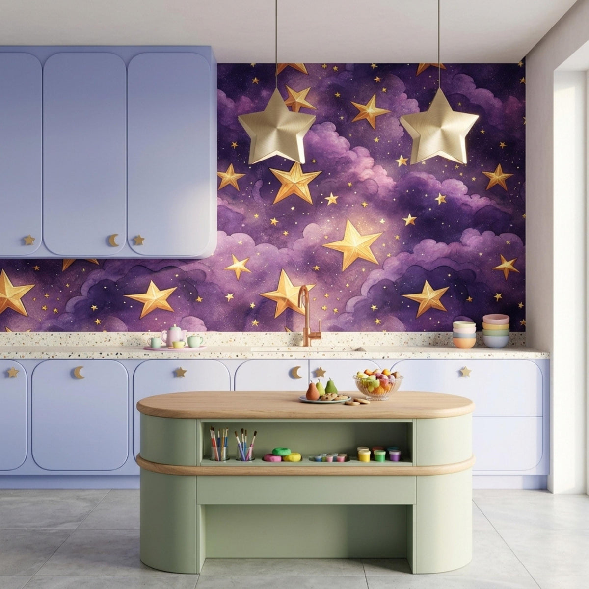 A kitchen features pale purple cabinets and the purple galaxy star wallpaper along the back wall.