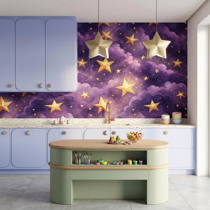 A kitchen features pale purple cabinets and the purple galaxy star wallpaper along the back wall.