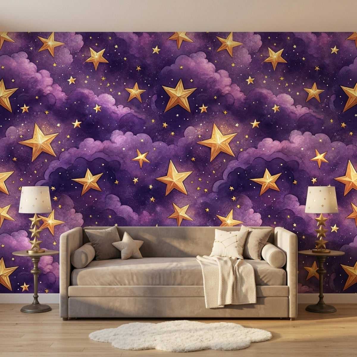 A grey sofa with pillows sits on a round rug in front of the purple and gold star wallpaper.