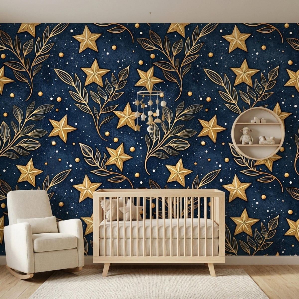 A wooden baby crib stands in front of a dark blue wallpaper with a gold star and botanical leaf pattern.